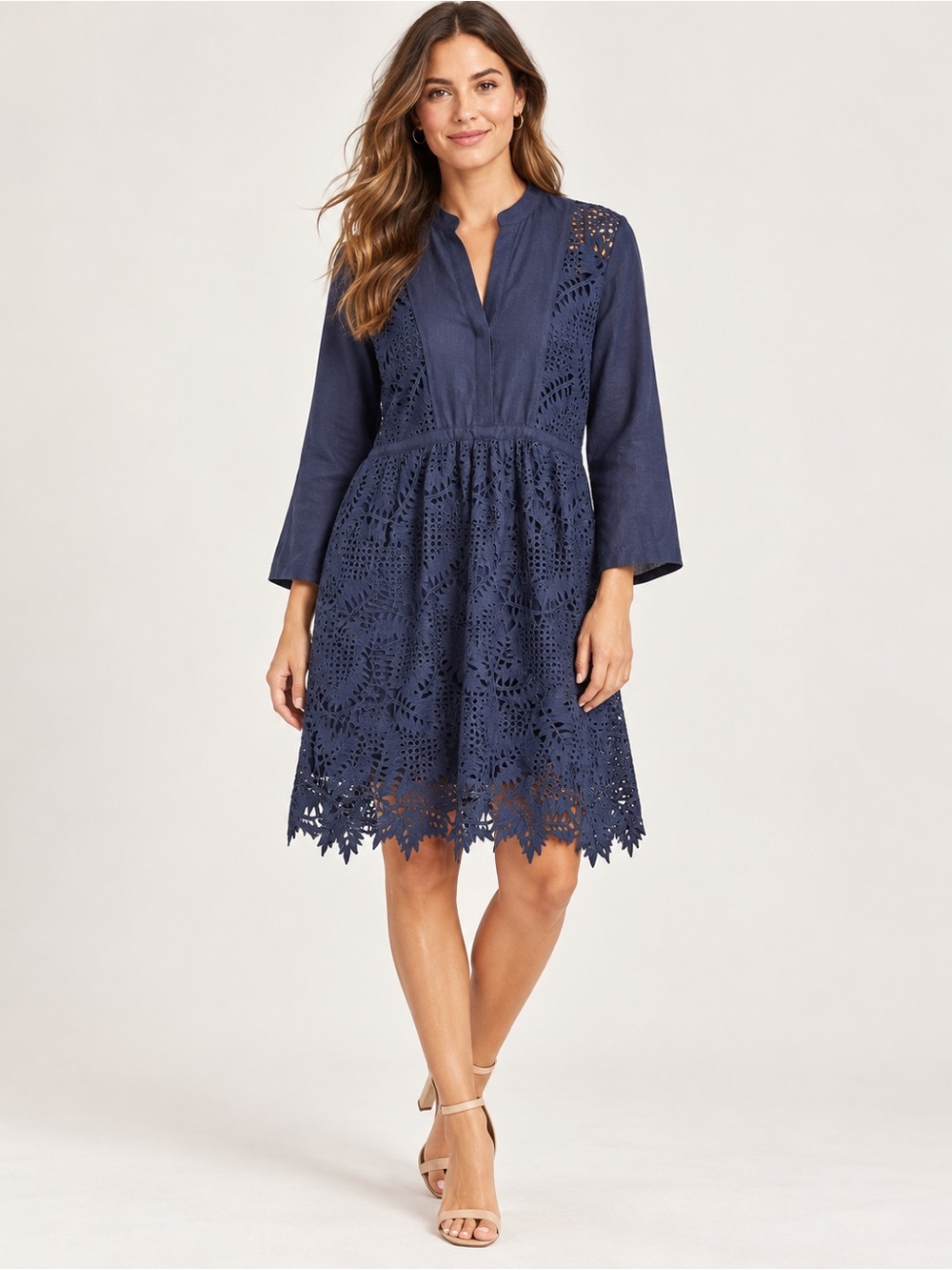 Zara Navy Eyelet Midi Dress with V-Notch Neck